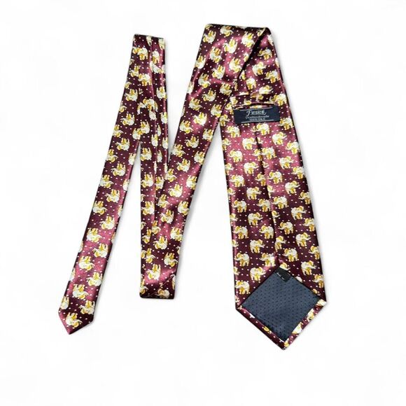 Firsité Burgundy 100% Silk Elephant Print Men's Handmade Necktie - Picture 2 of 5